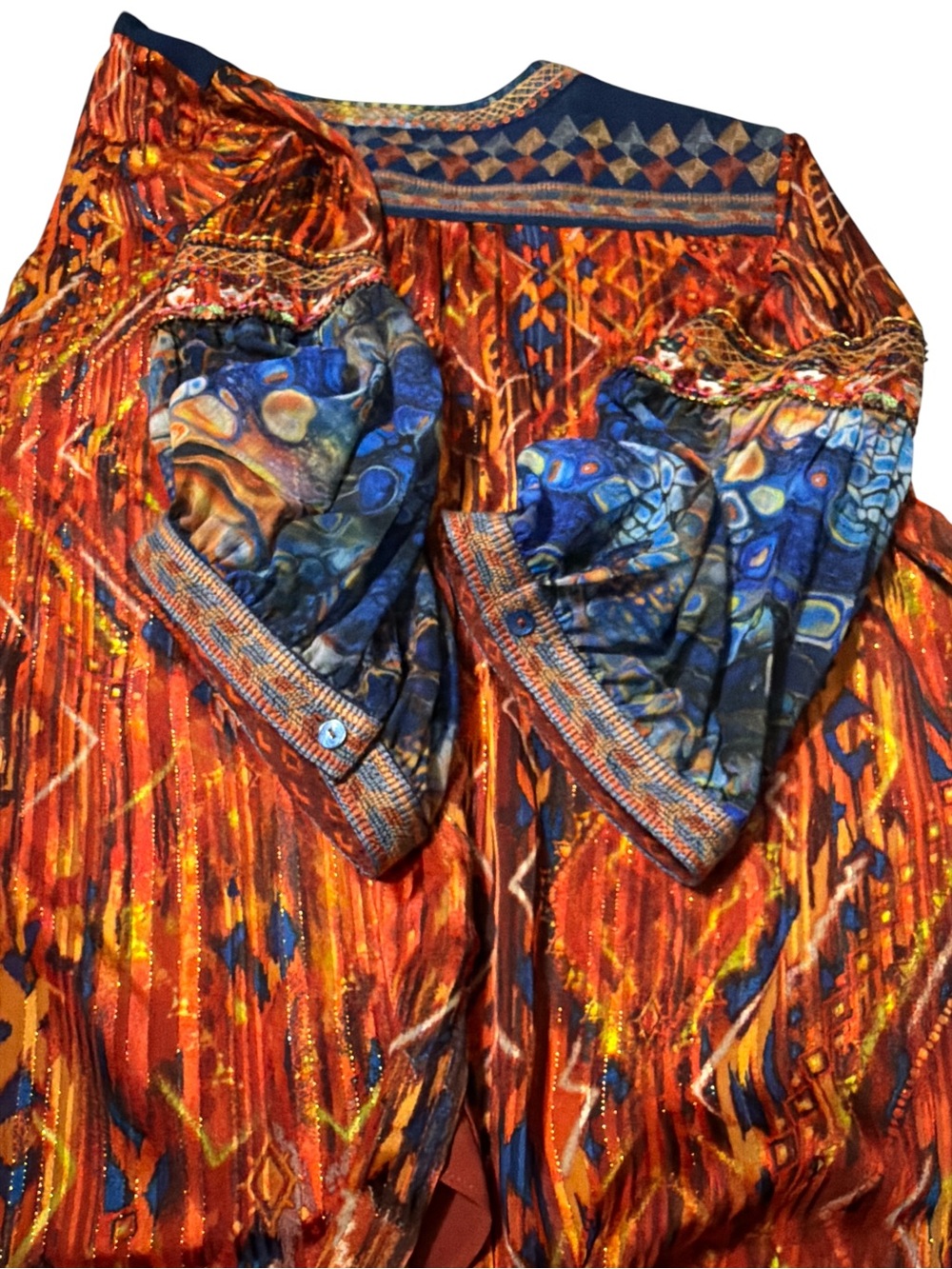 John Mark Autumn Hues Boho Tunic Top Plus 2X Ikat Print Embroidered Tassel Tie - Picture 9 of 13